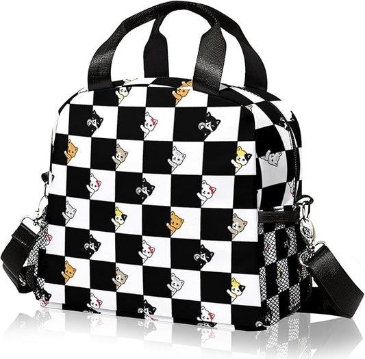 Lunch box Kids,Insulated Cat Lunch Bag Cute Small Checkered Lunch Totebag Reusable Leakproof Lunch Bag With Shoulder Strap for Girls Boys Women School Work Picnic