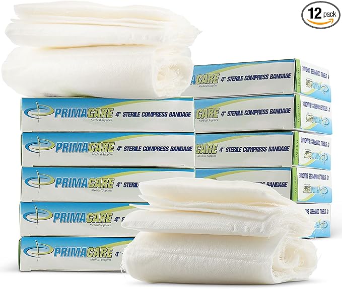 PrimaCare WB-7701-CS First Aid Sterile Compress Bandage for Wound Dressing, Medical Supplies Gauze Bandage Roll, 4" x 7", Pack of 12