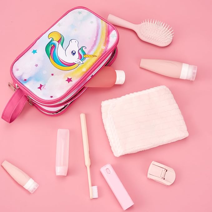 WAWSAM Toiletry Bag for Girls - Kids Toiletry Bag Christmas Birthday Gift Camping Travel Toiletry Case Toiletries Makeup Cosmetic Pouch Pink Water-resistant Wash Bag Dopp Kit with Mesh Pocket