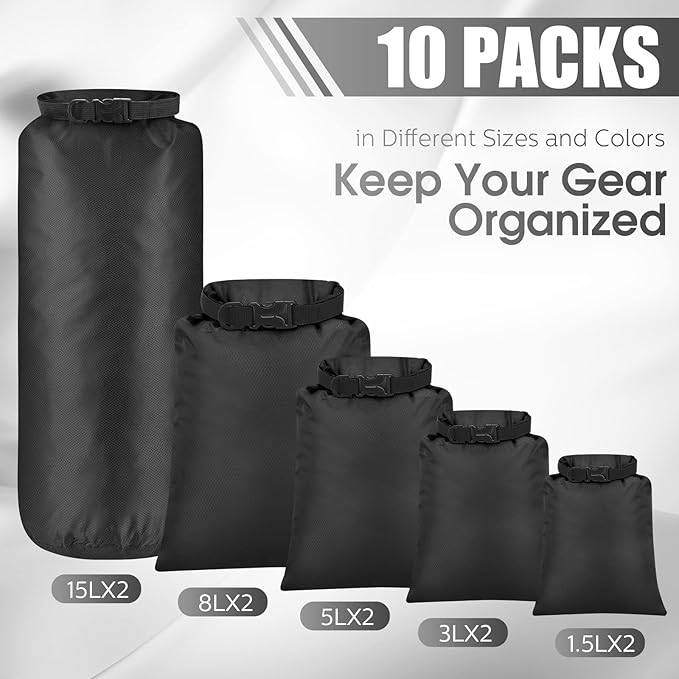 Riakrum 10 Pcs Waterproof Dry Bags, Ultralight Dry Sacks for Backpacking, Outdoor Sacks Keep Gear for Kayaking Boating Hiking Backpacking(1.5,3,5,8,15L,Black)
