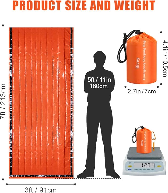 Emergency Sleeping Bags Thermal-Emergency-Blankets Ultralight Space Blankets Survival Waterproof Bivy Sack Multi-Purpose Survival Gear for Hiking, Camping, First Aid Kits, Outdoor Survival Gear