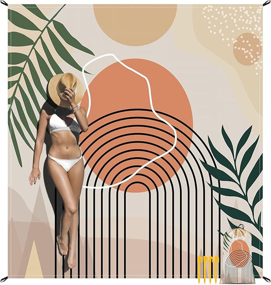 78''×86'' Large Sandproof Beach Blanket for 4-8 Adults, Waterproof Sand Free Beach Mat with 4 Stakes, Polyester Lightweight Big Foldable Boho Outdoor Picnic Blanket for Camping, Hiking, Park, Grass