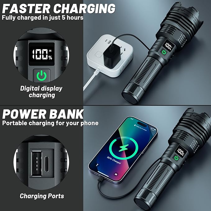 Rechargeable Flashlights High Lumens LED: 990,000 Lumens Bright Powerful Tactical Flash Light with Magnetic Base, Digital Display, 5 Modes, IPX6 Waterproof Torch for Camping Emergencies