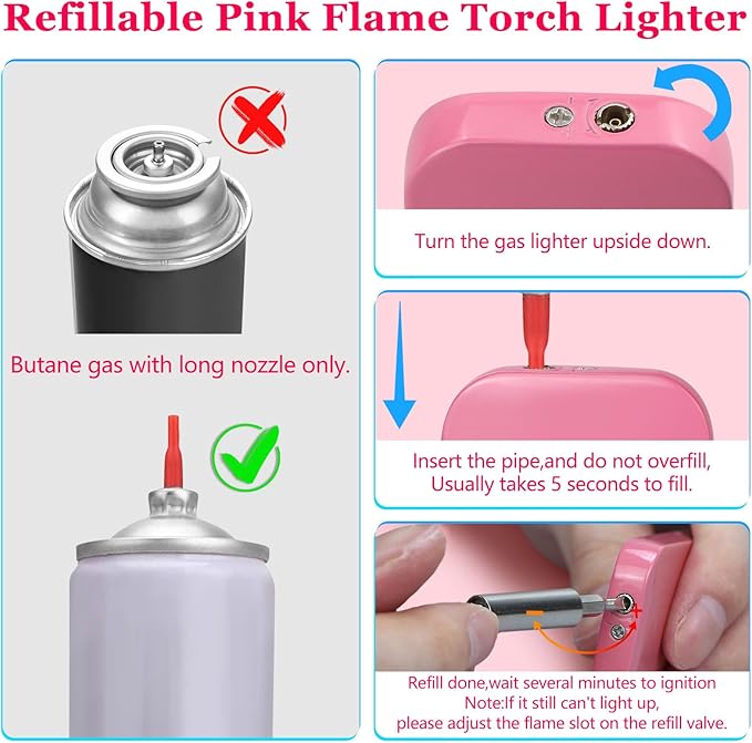 2 Pack Pink Flame Torch Lighter, Cute Pink Lighter,Refillable Butane Lighter, Windproof Torch Lighter for Outdoor Camping BBQ Candle,Nice Gift for Girls,Women on Birthday,Mother's Day Without Butane
