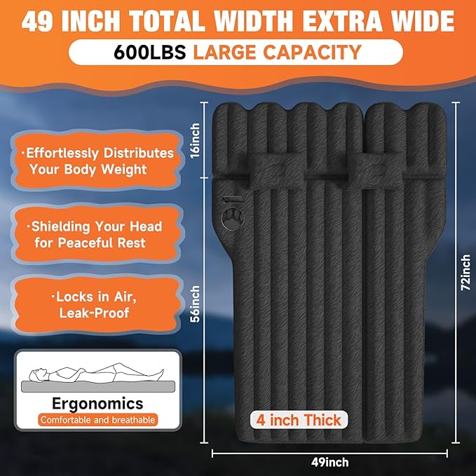 SUV Air Mattress: Inflatable Car Air Mattress for Camping, Flocking Car Bed with Air Pump & 2 Pillows, Portable Sleeping Pad Mattress for Home Car Travel Camping Black
