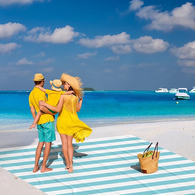 Large Beach Blanket Waterproof Sandproof, Oversized Picnic Blankets Sand Free for 8 Adults, Lightweight Quick Drying Beach Mat for Travel, Camping, Hiking, Blue Beach Essentials Accessories