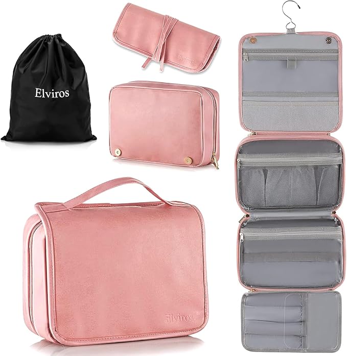 Elviros Travel Toiletry Bag for Men and Women with Hanging Hook, 3 in 1 Multifunctional Large Makeup Cosmetic Case for Toiletries Accessories, Water-resistant PU Leather Bathroom Dopp Kit Shaving Bag