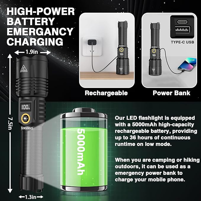 Rechargeable Flashlights High lumens, 900000LM Super Bright LED Tactical Flashlight, Zoomable, IPX6 Waterproof, 6 Modes, Powerful Handheld Flash Light for Emergencies, Camping, Hiking