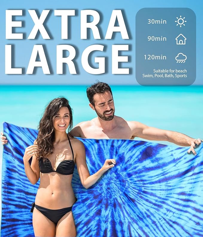 Microfiber Beach Towel – Blue Radial Quick Dry Lightweight Sand Free Oversized Large Towel Accessories Travel Must Have Swim Pool Yoga Camping Gear Summer Cruise Ship Essentials Cloud Compact Gift