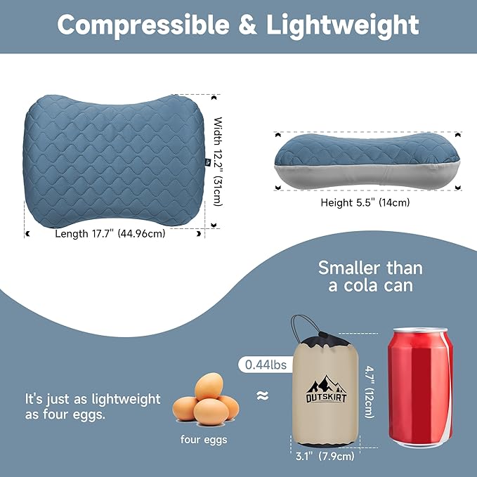 OUTSKIRT Inflatable Travel Pillow, 2-in-1 Camping Pillows for Sleeping, Ergonomic & Lightweight Small Backpacking Pillow for Travel, Hiking, Camping & Outdoor Activities, Blue