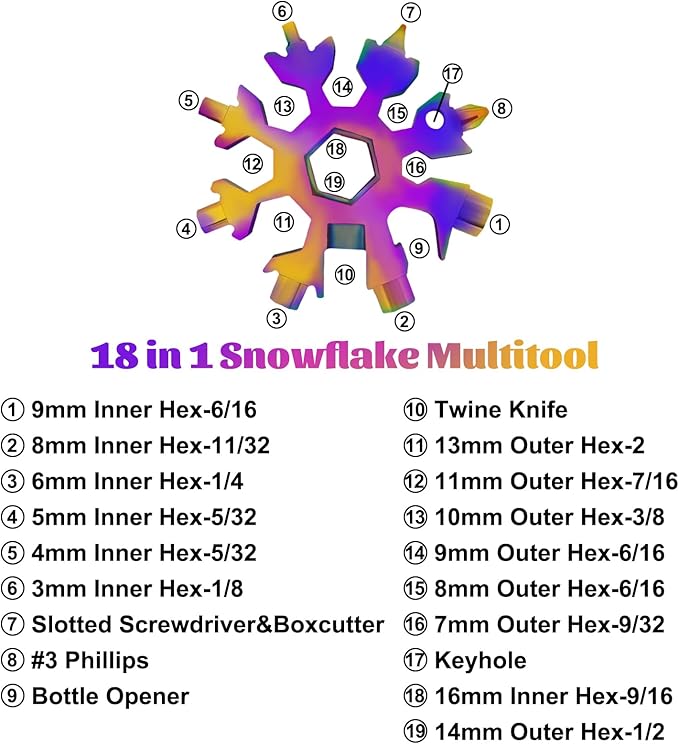 18-in-1 Snowflake Multitool Gifts for Men, 9 Pack Stainless Steel Snowflake Multi-Tool Christmas Stocking Stuffers Gifts for Men, Pocket Size Cool Gadgets for Portable Screwdriver Wrench Bottle Opener