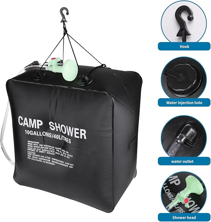 Camping Shower Protable Outdoor Solar Shower Bag 40L/10 Gallons (Black, 40L)