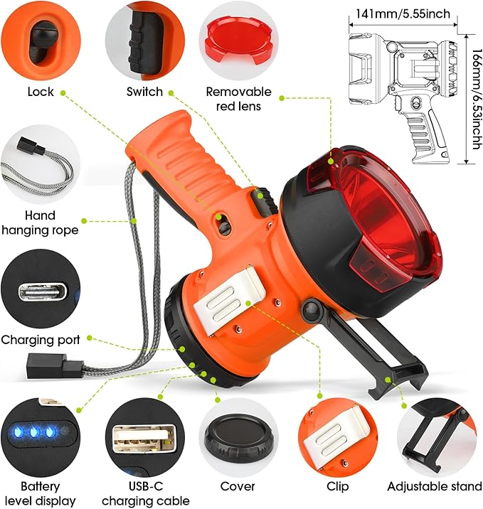 Rechargeable Spotlight Flashlight with 1000,000 Lumen LED, IP65 Waterproof Searchlight Handheld Work Light with Foldable Stand and Red Lens- Orange