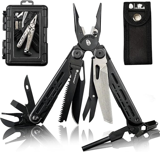 HX OUTDOORS 19 In 1 Pocket Multi Tool, Stainless Steel Multitools Pliers with Fire Starter and Glass Breaker, Folding EDC Camping Survival Tools for Men (Black)