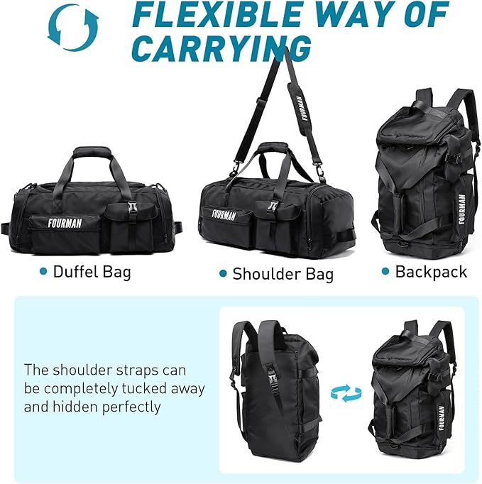 Duffle Backpack Bag with Shoe Compartment, 3 in 1 Weekend Duffel Gym Backpack for Men Waterproof Lightweight Sports Bags for Travel (Black)