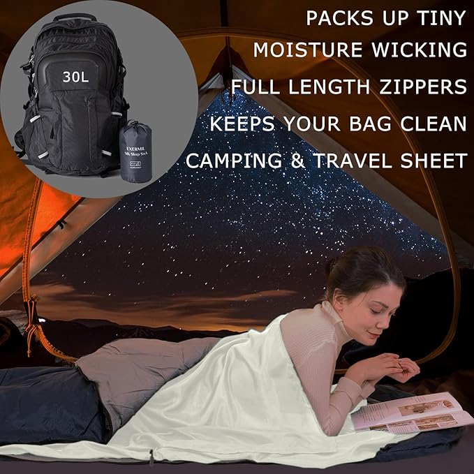 100% Silk Sleep Sack with All Around Zippers, 87”x43” Large Sleeping Sheets for Hotels, Travel & Camping, Multifunctional Travel Sheets (Unzipped:87”x87”) for Adults, Lightweight, All Season