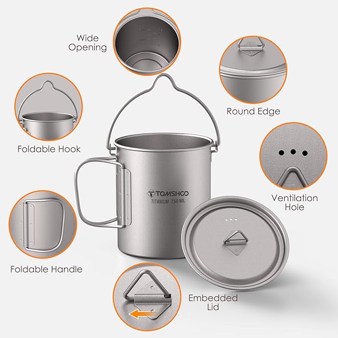 TOMSHOO Camping Titanium Pot 750ml/25.4 oz Outdoor Titanium Mug with Lid Camping Coffee Cup with Foldable Handle for Camping Hiking Travelling Backpacking Camping Open Fire
