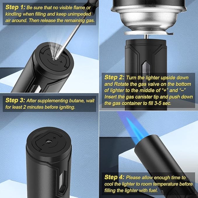 2 Pack Butane Lighter, Torch Lighter with Fuel Level Window, Adjustable Fire Jet Lighter for Fireplace, Windproof Pen Lighter for Candle Kitchen BBQ, Lighter Fluid not Included, Black & Sliver