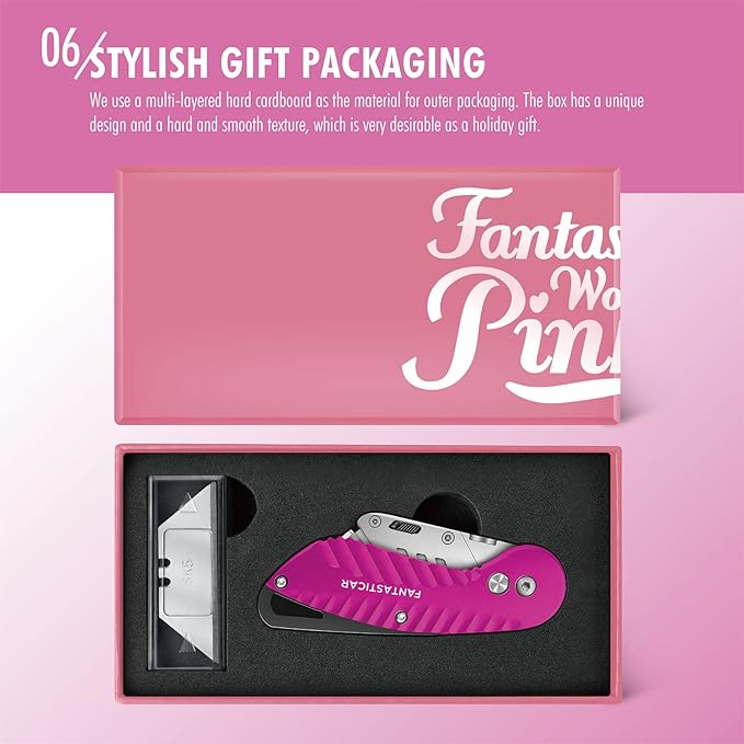 FantastiCAR Folding Utility Knife, Metal Box Cutter Body, with Safety Lock and 5 Extra Blades (Hot Pink)