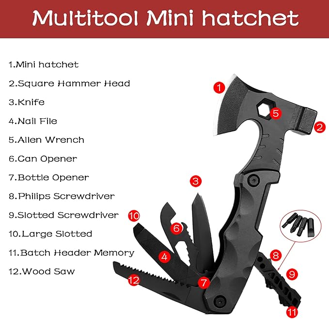 Cool Christmas Unique Gifts, Camping Survival Gear Multitool, Stocking Stuffers Camping Accessories Multitool Pocket Hatchet, for Dad Husband, Camping Tool with Mini Axe,Hammer, Knife, Nail File