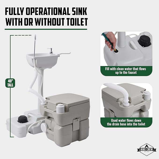 Hike Crew Portable Camping Sink & Toilet | Large Hand Washing Station with 4.5 Gal Capacity, Hands-Free Foot Pump, Faucet, Soap Dispenser & Towel Rack | Includes Travel Toilet with 5 Gal Waste Tank