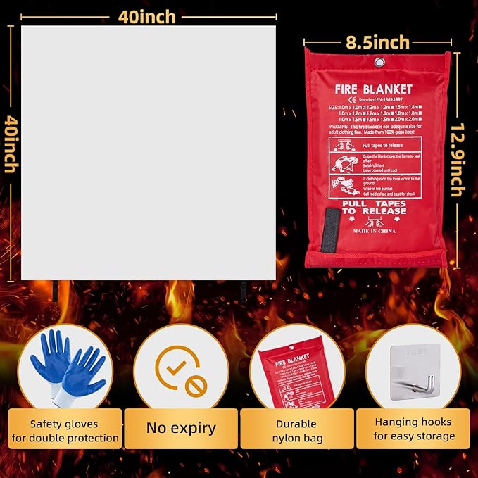 Emergency Fire Blanket 40" x 40" Fiberglass Fire Blanket Fire Suppression Blanket for Kitchen with Hooks Gloves Emergency Whistles Fireproof Blanket for Home Safety Camping (3)