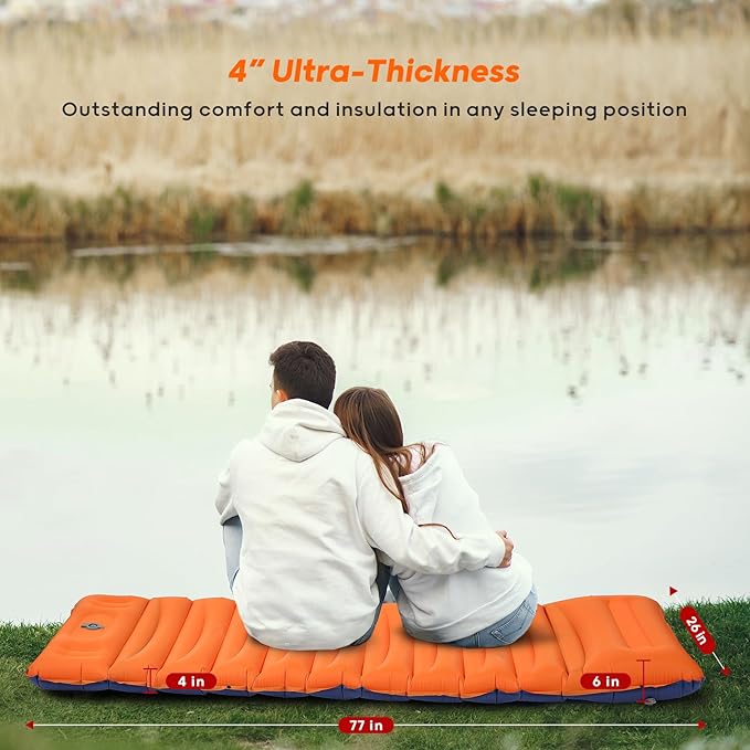 4-Inch-Thick Sleeping Pad for Camping, Strong Support Camping Mattress with Built-in Foot Pump, Lightweight Inflatable Sleeping Mat for Backpacking, Hiking, Outdoors