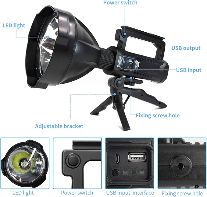 Foleto Rechargeable LED Spotlight Flashlights 120000 High Lumens, Super Bright Flashlight with 4 Modes IPX5 Waterproof, Large Searchlight for Fishing, Hiking and Camping with Tripod(Large)