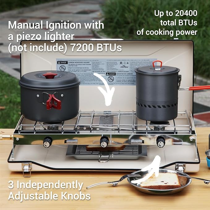 Camping Stove 3 Burner 20400 BTU Propane Portable Stove with Regulator, Toast Tray, Windshield for Car Camping BBQ Picnics Outdoor Cooking Camping Gas Stove