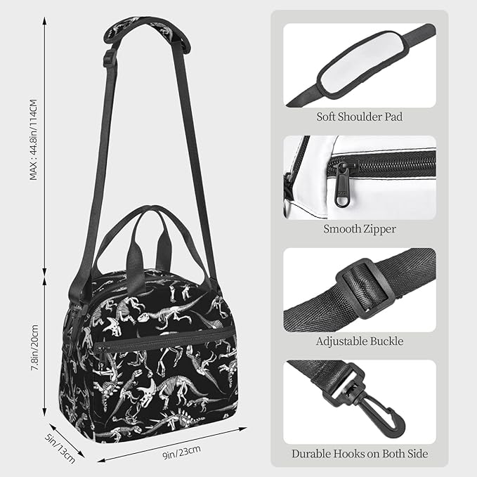 bassyil Dinosaur Insulated Lunch Bag Reusable Lunch Box With Adjustable Shoulder Strap Cooler Tote Bag For Men Women