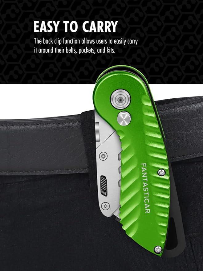 FantastiCAR Folding Utility Knife, Quick Blade Change Box Cutter, Anti-slip Metal Body, with Safety Lock and 5 Extra Blades (Spring Green)