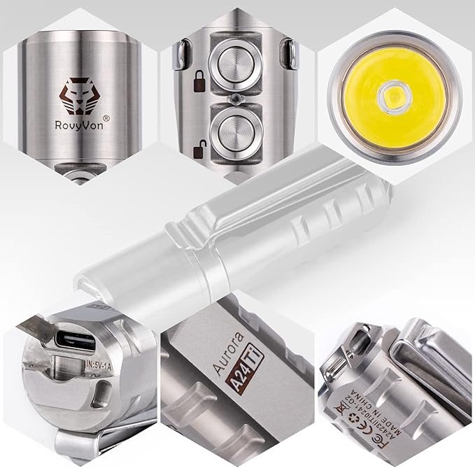 RovyVon Aurora A24 G2 Titanium LED Flashlight,1000 Lumen Pocket Flashlight with Lockout Mode,Rechargeable EDC Flahlight,7 Modes,Water Resistant for Everyday Carry, Hiking, Camping