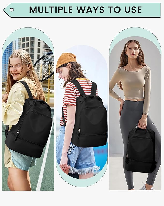 Gym Backpack for Women, Gym Bag with Shoe Compartment, Waterproof Lightweight Sports Yoga Travel Backpack with Wet Pocket, Black