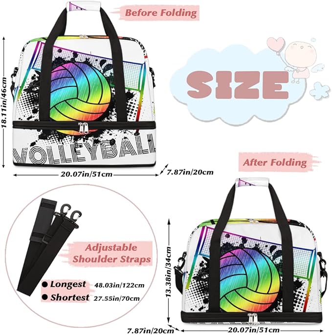 Sports Gym Bag, Volleyball Sport Ball Travel Duffel Bag with Shoes Compartment Waterproof Overnight Bag Workout Weekender Bag Boys Girls Yoga Dance Bag Gym Tote Bag for Women Men