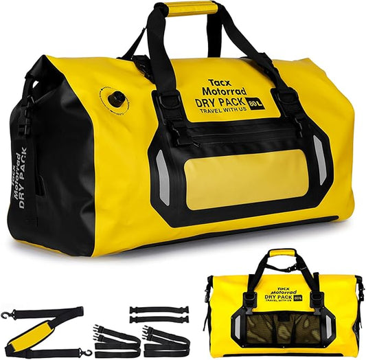 Waterproof Duffel Bag for Men/Women, Roll-top Dry Backpack Duffel Bag with Quick-fixed Straps, Motorcycle Tail Saddle Bag for Motorcycling, Rafting, Boating, Kayaking, Travel, 80L-Yellow