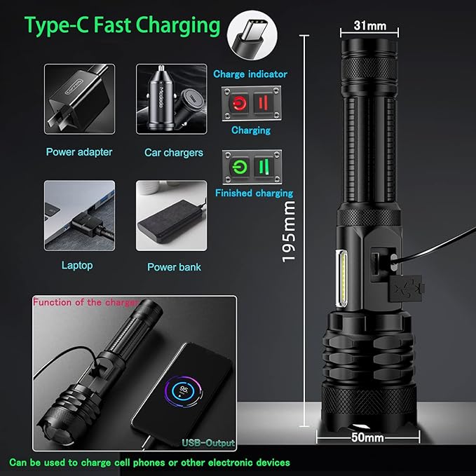 Led Rechargeable Flashlight 100000 High Lumens,Super Bright XHP160 Type-C Fast Charging Flashlights,9 Modes with COB Work Light,Zoomable IPX67 Powerful Flash Light for Emergencies,Hiking,Camping