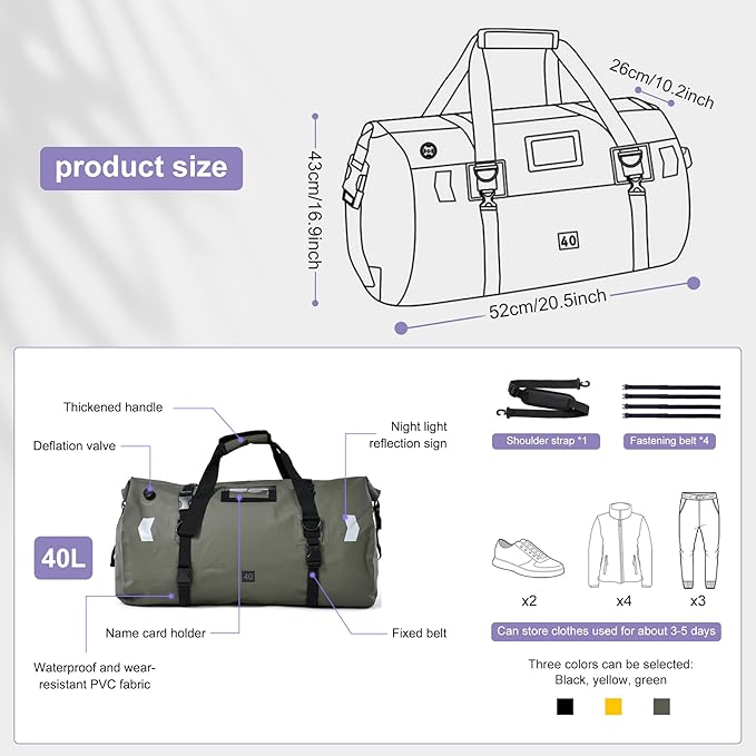Waterproof Duffel Bag,Roll-Top Heavy Duty Dry Duffle Bag,Motorcycle Dry Bag,with Quick-fixed Straps,with Large Storage Space, Perfect for Traveling, Camping, Kayaking, Fishing & Canoeing (green, 40L)