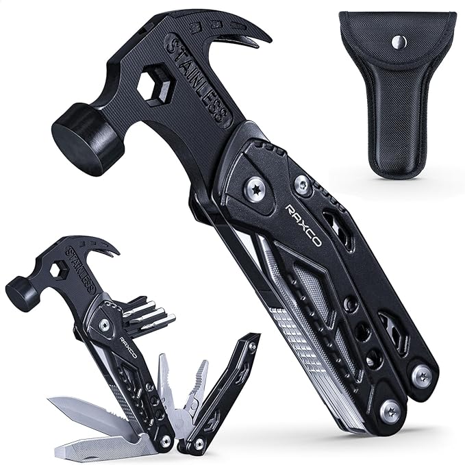 Multitool Hammer 15 in 1 Mini Hammer multitool with Pliers Claw Hammer Multi Tool with Screwdrivers, Multitool Pocket Clip, New Year & Birthday & Father Day Gift (Black)