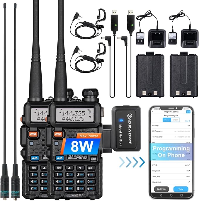 BaoFeng UV-5R 8W High Power Ham Radio with Wireless Programmer,USB Charging Dual Band Long Range Two Way Radio Walkie Talkie Ham Radio Handheld