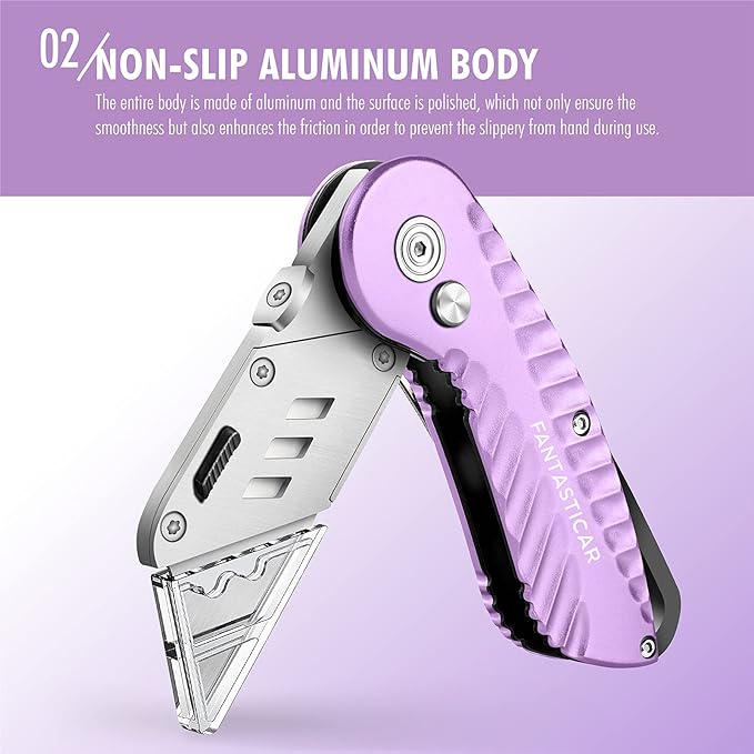 FantastiCAR Folding Utility Knife, Quick Blade Change Box Cutter, Anti-slip Metal Body, with Safety Lock and 5 Extra Blades (Purple)