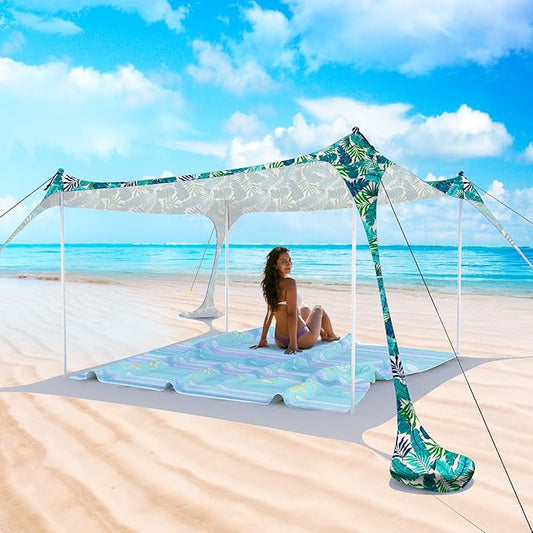 Beach Tent Pop Up Sun Shade Canopy Sun Shelter UPF50+ with 4 Stability Poles/Carry Bag/Ground Pegs/Sand Shovel/Windproof Ropes Portable Outdoor Family Sunshade for Beach Camping Fishing Picnic