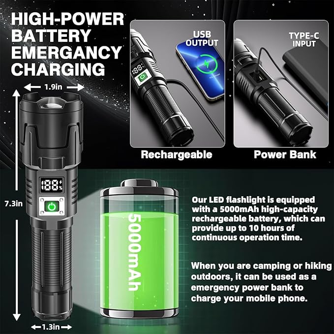 Rechargeable High Lumen LED Flashlight, 90,000 Lumens with Zoom, 3 Modes, IPX6 Water Resistant, Powerful Handheld Flashlight for Emergencies, Camping and Hiking