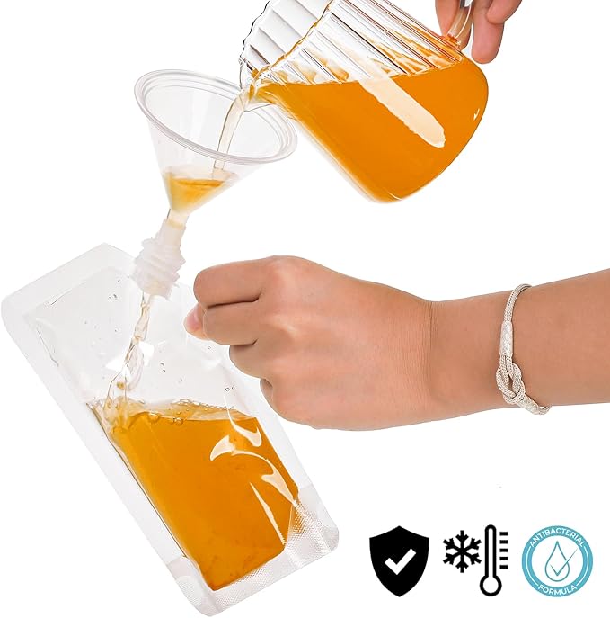 200 Pack Reusable Drink Pouches with 20 Pcs Funnel, 8 Oz Plastic Flasks, Leak-Proof Plastic Pouches for Drinks for Adults for Travel, Concerts