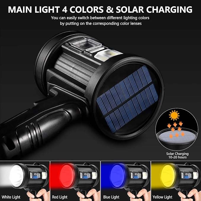 MIXILIN Rechargeable Spotlight, 1000,000 Lumens Handheld Hunting Flashlight Led Spot Light with Cob Light and Solar Panels, Lightweight and Super Bright Spotlight for Hunting Boating Camping
