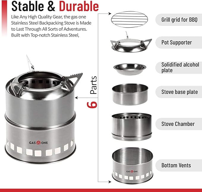 Gas One Camping Stove - Wood Stove Stainless Steel Portable Stove with Alcohol Tray Potable Wood Burning Stoves for Picnic BBQ Camp Hiking with Grill Grid