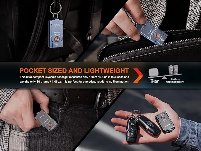 Fenix E03R v2.0 Keychain Flashlight Premium Pack, Nebula, 500 Lumen Bright USB-C Rechargeable EDC with Red LED and Lumentac Organizer
