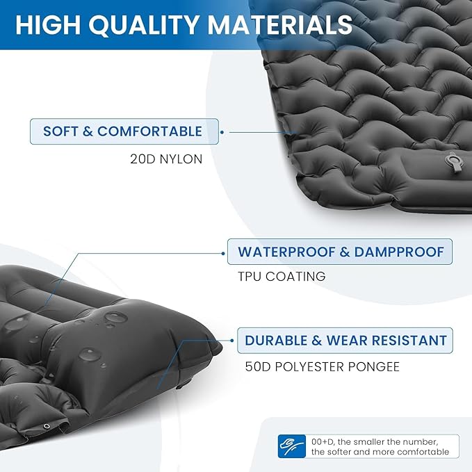 KingCamp Sleeping Pad for Camping, Inflatable Sleeping Pad Ultralight Connectable Camping Mattress with Pillow Built-in Foot Pump for Backpacking Hiking Tent Cot