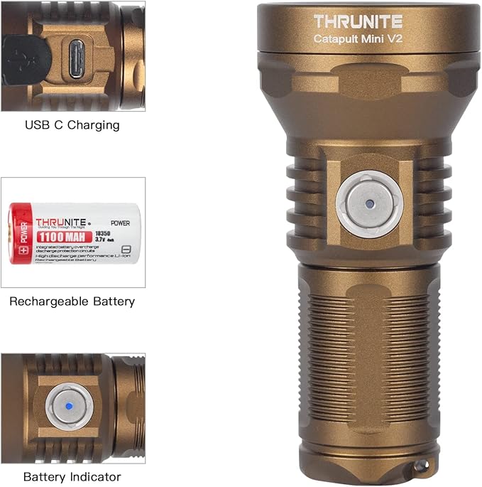 ThruNite Catapult Mini V2 LED Flashlight, High 1108 Lumens, 515 Meters Long Throw Rechargeable for Outdoor Search, EDC Use - Desert Tan Cool White