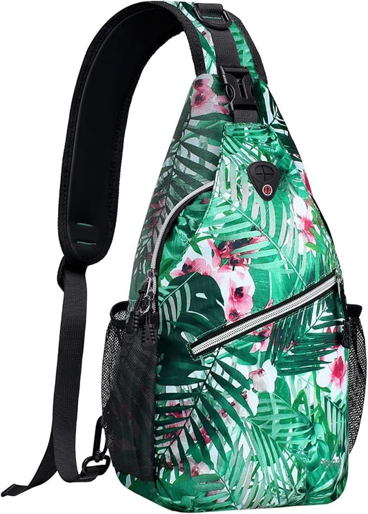 MOSISO Sling Backpack,Travel Hiking Daypack Pattern Rope Crossbody Shoulder Bag, Palm Leaf Flower