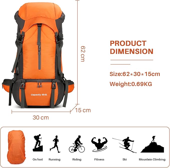 OKYUK 70L Hiking Backpack, Camping Hiking Back Pack, Water Resistant Lightweight Mountain Climbing Bag, Outdoor Camping Sport Daypack with Rain Cover, for Travel, Touring, Cycling (Orange, 70L)
